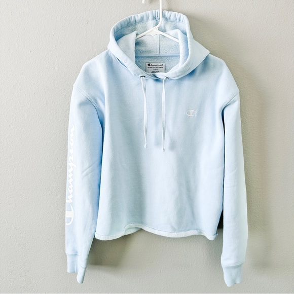 Champion Tops - Champion Athletic Wear Baby Blue Long Sleeve Crop Hooded Sweatshirt Size Large